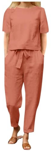 Damen Sommer Einfarbig Lässig Baumwolle Leinen Kurzarm Rundhals Lose Breite Bein Hosen Baseball Kostüm Damen Longblazer Damen Große Größen