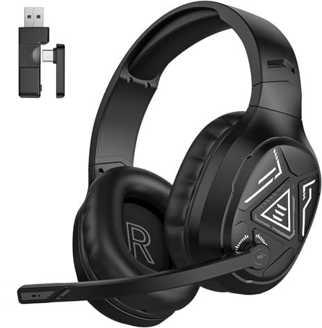 EKSA Gaming Headset, Wireless Bluetooth Headset 2,4Ghz USB-C & USB Schnittstelle, Mit Ausziehbares Mikrofon Geräuschunterdrückung, 52Hrs Akkulaufzeit mit Kabel 3,5 mm für PC/PS4/PS5/Mac, Schwarz