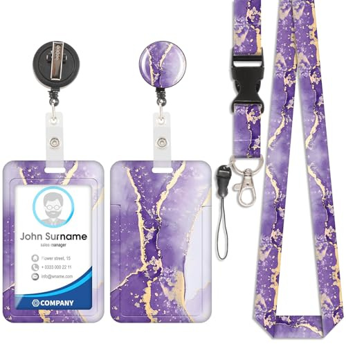 Marmor Lanyard Kartenhalter, ID Badge, Lanyard Kartenhalter, abnehmbare Schnur mit einziehbarem Clip für Schlüsselanhänger, Namenskarten, Türkarten, ID-Karten(Marmor Lila)