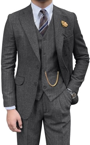 Traje retro de 3 piezas para hombre, de tweed, espiga, ajustado, trajes de padrinos de boda, color marrón, conjunto de esmoquin para graduación, chaqueta, chaleco, pantalones para hombre