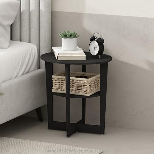 Furinno TIDUR Mesa de Noche, Mesita Oval de 2 Niveles con Tablero Redondeado, Estante Abierto, Mesa de Cabecera, Mesa Auxiliar, para Dormitorio, Sala de Estar, Nogal