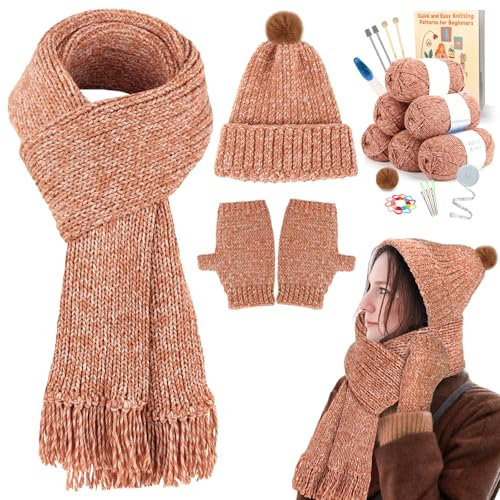 Coopay Strickset für Anfänger, komplettes Strickset, Strickmütze, Schal, Handschuh, Strick-Starter-Set für Erwachsene mit Garn, Strickset mit Schritt-für-Schritt-Anleitung (evtl. nicht in deutscher