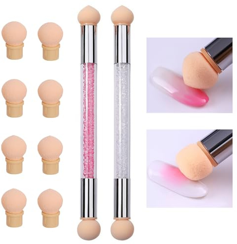 iCovalescent 2 PCS Nail Sponges for Ombre, Double Headed Ombre Nail Sponge with 4 Replacement Heads, for Ombre Effect, DIY Nail Art Tool and Gradient Nail Design(Pink/Wite)