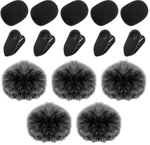 15pcs Bonnette Micro-Cravate, 5 Pare-Brise en Fourrure 5 Housses en Mousse et 5 Clips pour Micro-Cravate Accessoires pour Microphone à Revers pour Réduire le Bruit du Vent