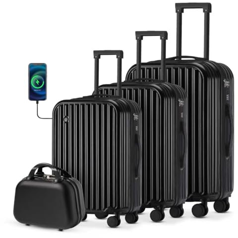 TIYFIY Kofferset 4 Teilig Hartschale Koffer Set mit Kosmetikkoffer Gepäcksets mit Getränkehalter USB-Anschluss Koffer PC-Material Reisekoffer TSA-Schloss 360°-Rollen Trolley Koffer, Schwarz