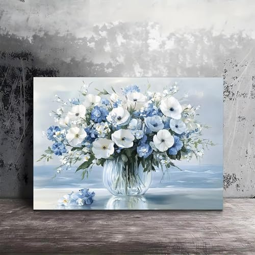 NXMYDBD Tableau mural floral bleu et blanc sur toile, affiches imprimées de bouquets de fleurs, pour la décoration de la maison et du bureau, décoration de chambre 70x90cm (28x35 pouces) sans cadre
