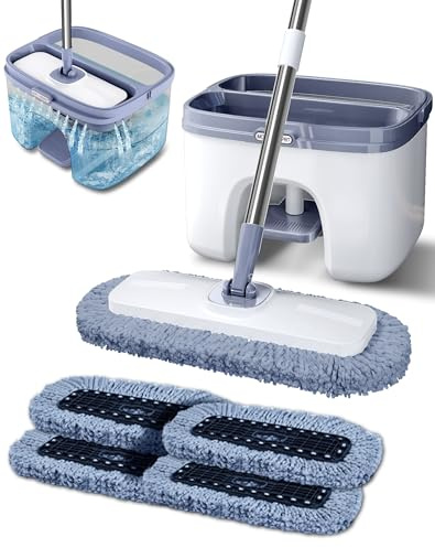 Flat Microfiber Mop and Bucket Set with Wringer, 360° Spin Mop for Floor & Wall Cleaning, 17.7x9in Wide Head, 4 Washable Pads, Hands-Free