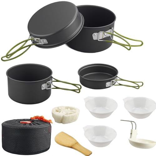HOMGEN Juego de Utensilios de Cocina para Camping, ollas y sartenes de Aluminio, Kit de Utensilios de Cocina portátil, Equipo de Cocina Ligero para 2-3 Personas
