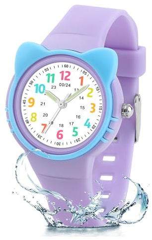DTKID Orologio Bambino, Orologi Analogici al Quarzo per Bambini, Orologi Educativi per Ragazzi e Ragazze con Ghiera Girevole Cinturino in Silicone 4-15 Anni (Viola chiaro)