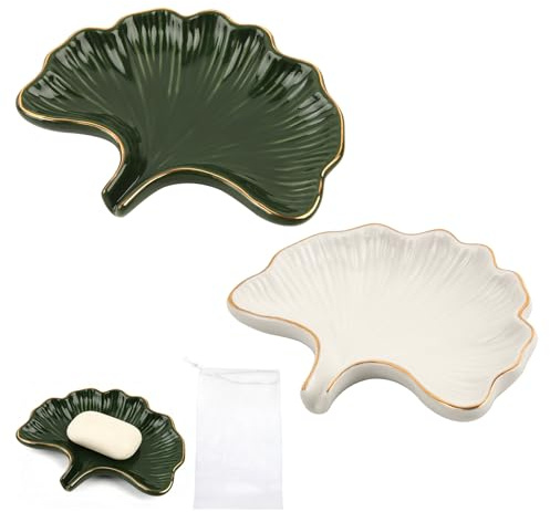 2-Stück Keramik Seifenschale mit Ablauf, Ginkgoblatt-Form Seifenschale, Seifenablage für Waschbecken, Seifenhalter & Seifenteller für Badezimmer, Dusche und Küche (Grün & Weiß)
