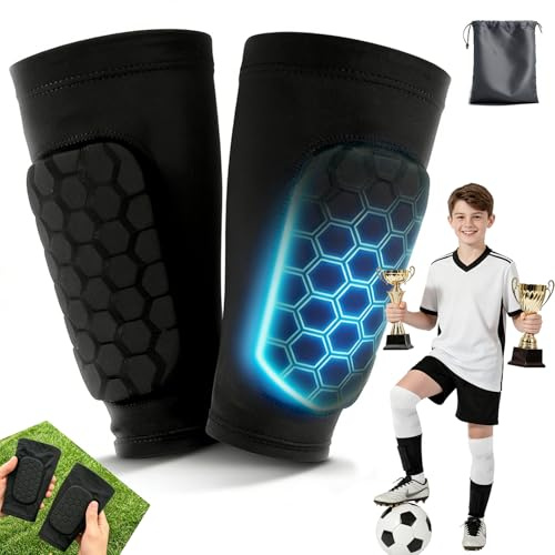 Shin Pads Guards Football for Boys Girls Ultra-Lightweight Kids Shin Pads 4-12 Years- Honeycomb Compression Sleeve with Superior Impact Absorption, Protective Shin Defender Kids Junior &Adults