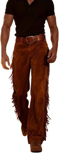 Duohropke Pantaloni da cowboy per uomo, costume da cowboy lungo con frange, pantaloni stile cowboy con frange, pantaloni in pelle scamosciata, costumi di carnevale, western retrò, costume da cowboy