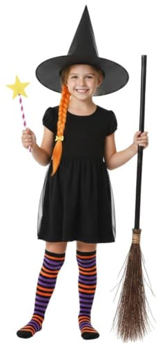 Kids Kind Witch Costume Set with Hat Broomstick Wand and Plait – Storybook Inspired Childrens Magic Costume Accessories for Book Week World Book Day Halloween and Dress Up Parties