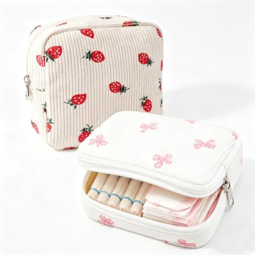 Period Bag, Corduroy Sanitary Napkin Storage Bag, Portable Period Bags, Menstrual Pad Pouch Tampon Holder for Teen Girls for School Women (2 Colors)