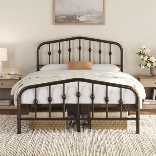 Yaheetech 4ft6 Double Bed Frames Metal slatted Bed Base with Crown-inspired Design Headboard/Spacious Under-bed Storage Bronze