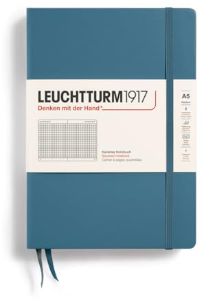 LEUCHTTURM1917 363336 Notizbuch Medium (A5), Hardcover, 251 nummerierte Seiten, Stone Blue, kariert | gebunden, steinblau, Inhaltsverzeichnis, Fadenheftung, 80 g/m² chamoisfarben