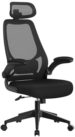 SONGMICS Bürostuhl, ergonomischer Stuhl, drehbarer Sitz, verstellbare Armlehnen und Kopfstütze, aus atmungsaktivem Stoff, höhenverstellbar, Schwarz OBN087B01