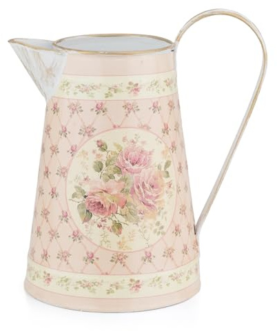 Moritz Deko Gießkanne Metall H 20 cm – Rosen Trellis Gittermuster Rosenmedaillon Shabby Chic Vintage Nostalgie – Trockenblumenvase rosa pink Goldrand Creme Wohndeko Landhaus Retro