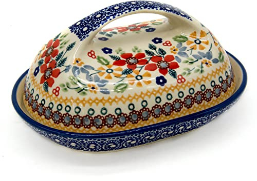 Bunzlauer Keramik Manufaktura Original Bunzlauer Keramik-Butterdose für 250 g oval mit grossem Griff (Dekor Blumenwiese)