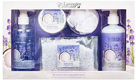 Scents of Collinwood - 5 Piece Women’s Attractive Lavender Coconut Scent Bath Box Set - Includes Shower Gel, Shampoo, Body Butter, Bath Salts and a Bath Puff, Purple