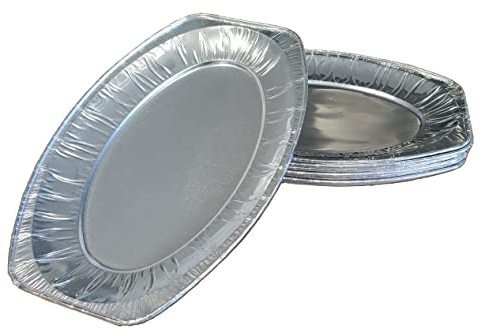 Lot de 10 Plateaux Ovales en Aluminium 32,5 x 22,7 cm - Plateaux de Présentation/Service pour pâtisseries, buffet, poissons, barbecue