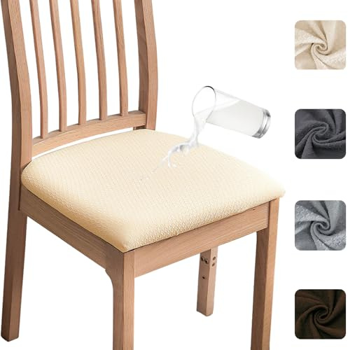 Meision Esszimmerstuhl Sitzbezüge TPU-Laminierung Wasserdicht 4er Set, Stretch Jacquard Stuhlhussen Abnehmbare Waschbar, Esszimmerstuhl Sitzkissen Hussen für Küche, Hotel, Hochzeit, Beige
