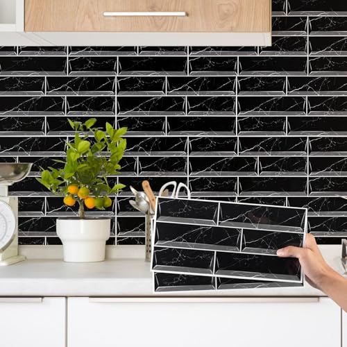 Decoroom Tile Stickers Black 12pcs/15x30cm Peel and Stick | Vinyl Brick Self Adhesive Wall Tiles Waterproof DIY Home Decor Stick on Kitchen Transfers Bathroom Backsplash