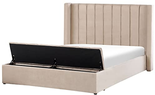 Beliani Velvet EU King Size Waterbed with Mattress Tufted 5ft3 Storage Bench Beige Noyers