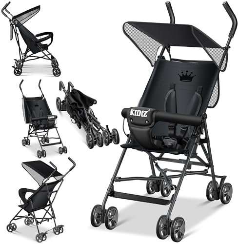 KIDIZ® Passeggino per bambini, pieghevole, pieghevole, 360°, ruote da 4, con parasole, pieghevole, cintura di sicurezza a 5 punti dai 6 mesi, colore nero
