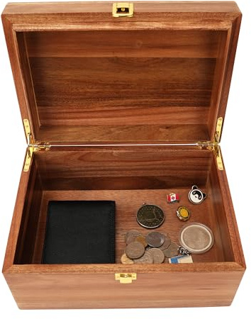 Spiretro Caja de madera de acacia maciza hecha a mano con tapa con bisagras, acabado único natural, bisagras doradas y cierre de pestillo, almacenamiento seguro para té, joyas, manualidades