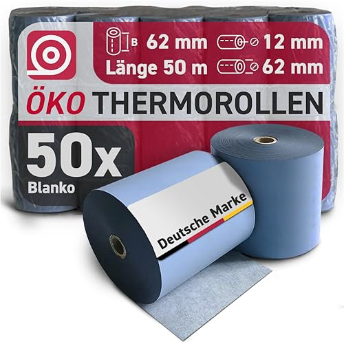 Gebongt24 Blue4est® Öko Thermorolle 62 mm x 50 m x 12 mm - umweltfreundliches Thermopapier - 50 Kassenrollen mit 60 mm Rollendurchmesser – Ökobon für Waagen, Kassen & Thermodrucker