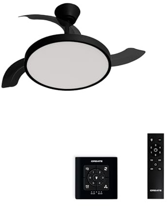CREATE / WIND CLEAR STUDIO S/Ventilador de techo con luz negro con controlador de pared y mando / 40W, Temporizador, Ø 91 cm, aspas retráctiles, 3 temperaturas de luz, función verano-invierno
