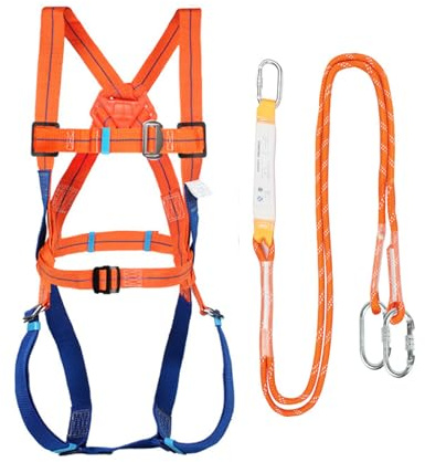 Fallschutz-Set, 5-Punkt Fallschutz Sets, Fallsicherung Schutzausrüstung mit 2 Klein Haken, 2M Lang Sicherheitsseil, Vollkörper Auffanggurt, Auffanggurt mit Bandfalldämpfer Gurt für Höhenarbeit (B)