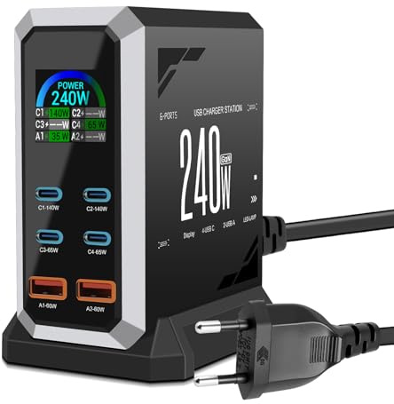 240W USB C Ladegerät Mehrfach, 6Ports Schnellladegerät Ladestation mit 4 USB C + 2 USB A Ports für MacBook Pro/Air, iPad/iPhone 15Pro/Sumsung usw