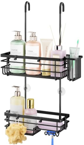 HapiRm Rostfreier Duschregal zum Hängen - 2-Tier Duschablage zum Hängen | 304 Edelstahl Duschablage zum Hängen mit Haken und Zahnbürstenhalter, Duschkorb zum Hängend Dusche Zubehör für Shampoo