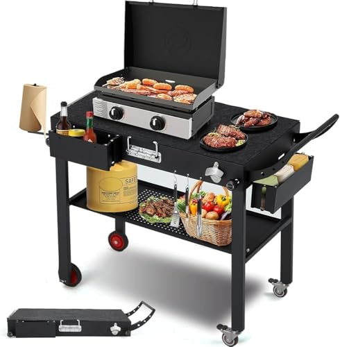 YODOLLA Foldable Pizza Oven Stand, Outdoor Grill Cart Trolley on Wheels & Handle,Ninja BBQ Food Prep Table Two-Layer,Stainless Steel Table for Patio Backyard Garden