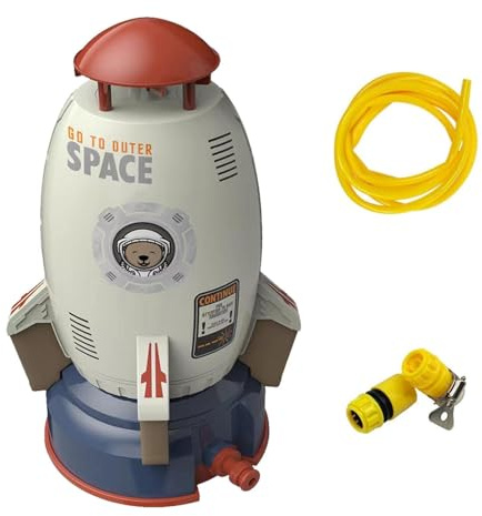 Space Rocket Sprinkler For Kids | Outdoor Rotating Water Play Toy | Garden Sprinkler With Hose For Backyard Fun | Durable ABS Water Sprayer For & Children