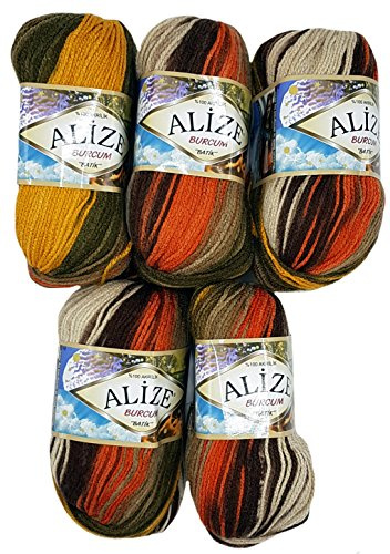 Alize Burcum Batik 5 x 100 Gramm Wolle Mehrfarbig mit Farbverlauf, 500 Gramm Strickwolle (Ocker orange brau u.a. 6060)