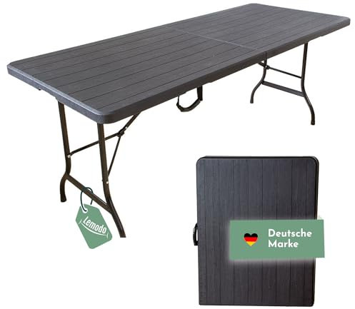 Lemodo Klapptisch, Gartentisch klappbar 180 x 75 cm, Buffettisch bis 150 kg belastbar, Stabiler Partytisch, zusammengeklappt als Koffertisch leicht zu transportieren (Holz/schwarz)