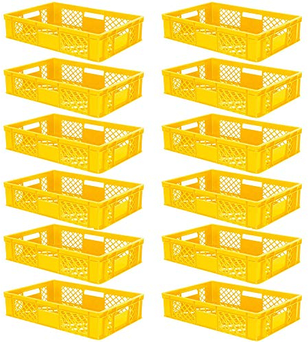 BRB 12x Eurobehälter durchbrochen/Stapelkorb, PE-HD gelb, Industriequalität, lebensmittelecht, LxBxH 600x400x150 mm