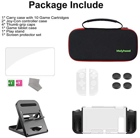 Molyhood 6 in 1 Accessories Kit for Nintendo Switch with Carrying Case, Game tablet case, Screen Protector, Joy-Con Controller Case, Thumb Grip Caps, Adjustable Stand, Portable Strap, play stand