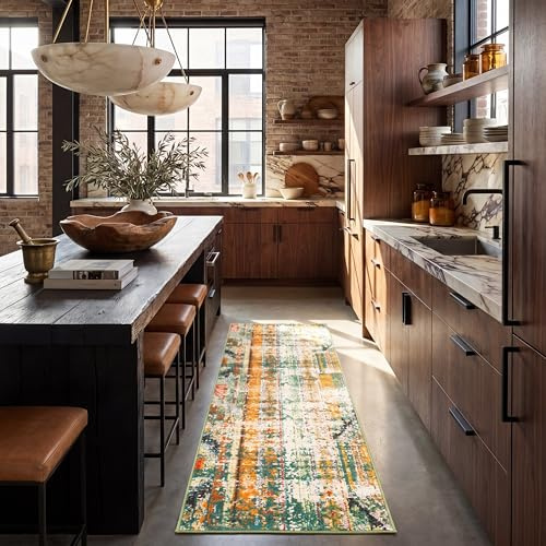 SAFAVIEH Boho Teppich für Wohnzimmer, Esszimmer, Schlafzimmer - Madison Collection, Kurzer Flor, Grün und Orange, 66 x 183 cm