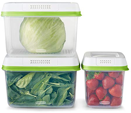 Rubbermaid FreshWorks Produce Saver, Medium and Large Storage Containers, 6-Piece Set, Clear, White, Green, Set of 3, Med & Lg