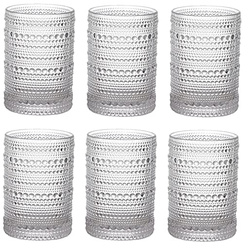ZOOFOX Set of 6 Vintage Drinking Glasses, 13 oz Clear Hobnail Glasses Tumbler, Embossed Design Glassware for Beverages, Water, Juice, Beer, Cocktail, Whiskey and Milk