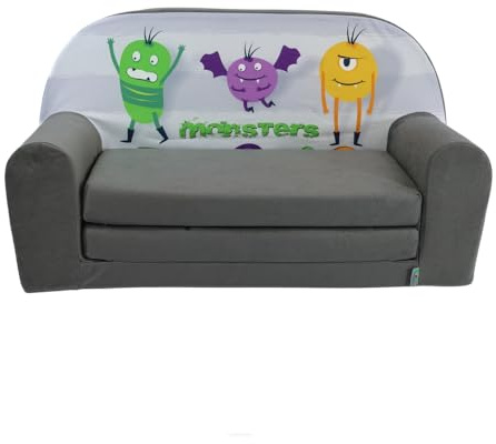 FORTISLINE Kindersofa MINI ausklappbar 78 x 40 x 45 cm - Kindercouch aus Mikrofaser mit Liegefläche 104 cm, abnehmbarem waschbarem Bezug, Oeko-TEX Standard 100, Monster