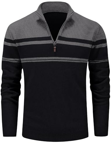 Men Striped Sweater Golf Pullover Mens Casual Sweater Turtleneck Shirts Multi-Color Striped Tops Fall Winter Sweaters Slim Fit Sweaters Polo Sweater Dark Grey Black