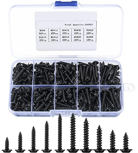 XxinXrong Cross head self-tapping screw with washer | 300 pieces M3/ M4, disc head self-drilling wood screw classification kit, black round countersunk mechanicalfastener,black