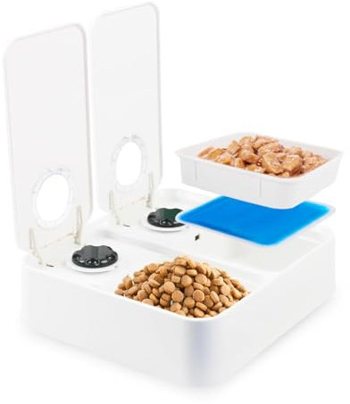 ALL FOR PAWS Automatic Cat & Dog Feeder 2 Meal- Dry & Wet Food Dispenser, 48-Hour Timer, Ice Pack Included, Dishwasher Safe, White