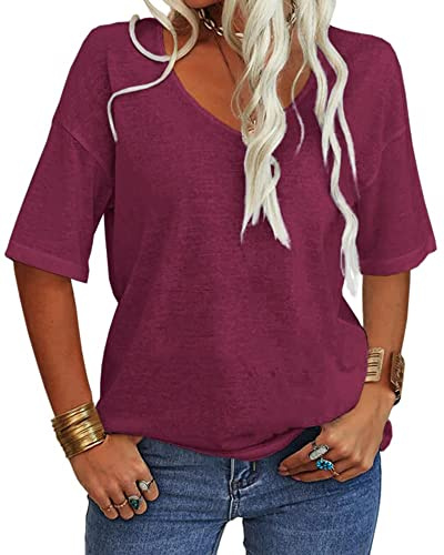 Tankaneo Dam v-ringad kortärmad t-shirt casual lös basic sommartoppar halvkort överdimensionerad tunika t-shirt, Amaré, XL