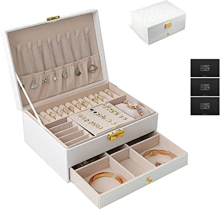 TAVADA Scatola Portagioie,2 Livelli, Porta Gioielli Donna,Porta Gioielli da Viaggio Ragazza in Pelle PU,Idea Regalo,Inclusi 3 panni per lucidare l'argento,per Anelli, Orecchini, Collane,Bianco
